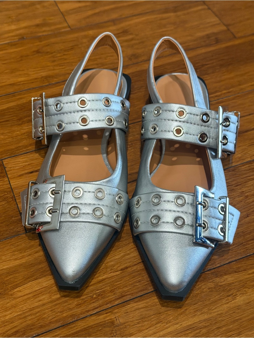 Metallic Silver Slingback Pointed Flats with Buckle Detail 7.5 US